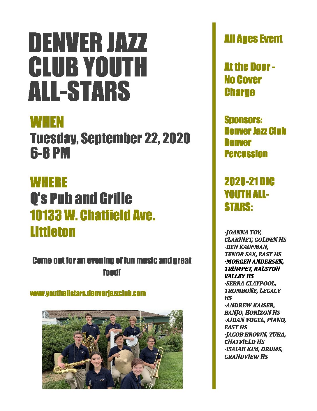 Denver Jazz Club Youth All-Stars to Perform at Q’s Pub and Grille on Tuesday, September 22nd (6-8pm)