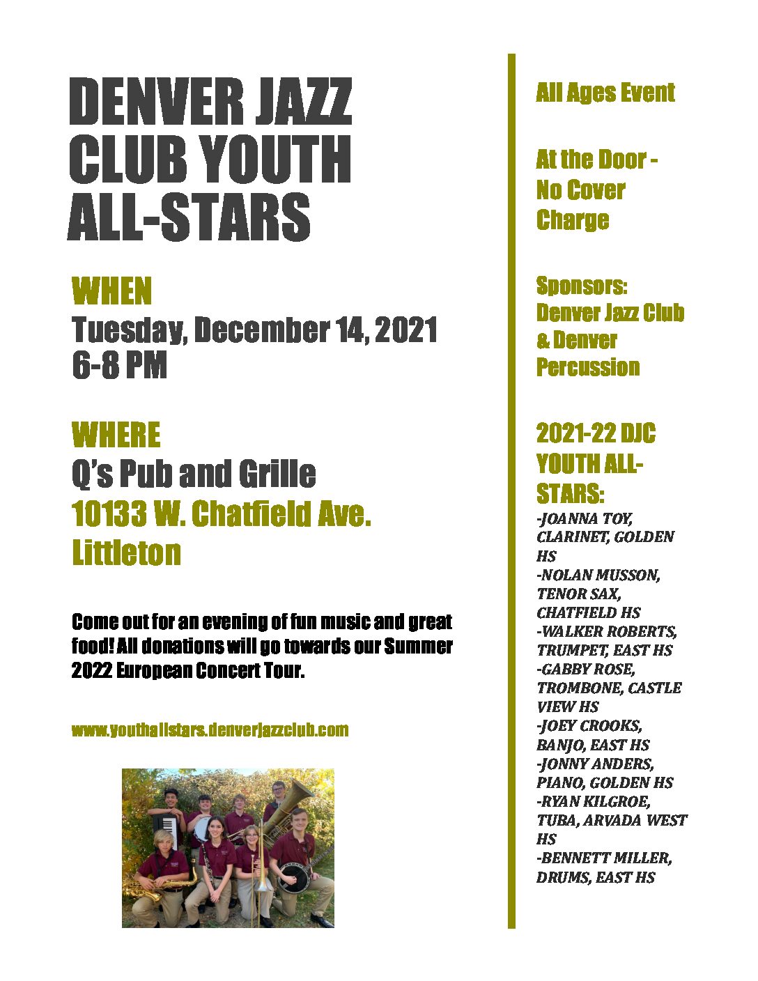 Q’s Pub and Grille to Feature the Denver Jazz Club Youth All-Stars on Tuesday, December 14th (6-8pm)