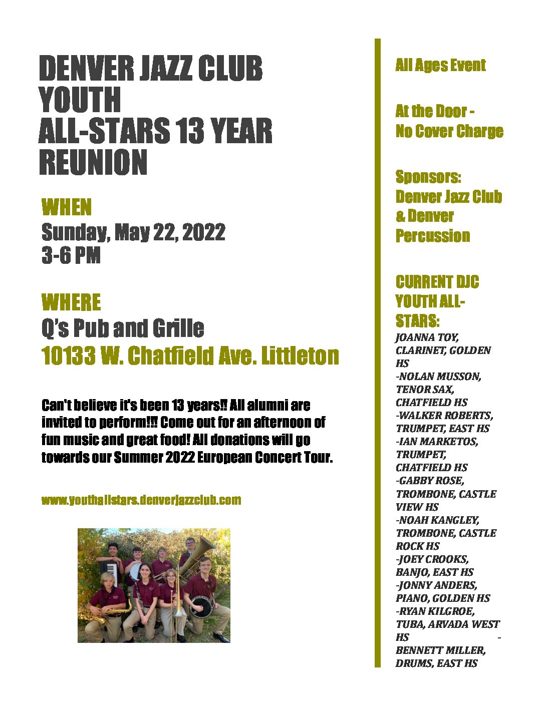 13 YEAR DENVER JAZZ CLUB YOUTH ALL-STAR REUNION CONCERT ON MAY 22ND AT Q’S PUB AND GRILLE