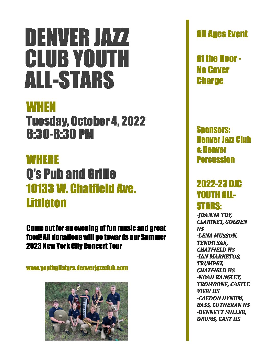 Q’s Pub and Grille to Feature the Denver Jazz Club Youth All-Stars on Tuesday, October 4th (6:30-8:30pm)