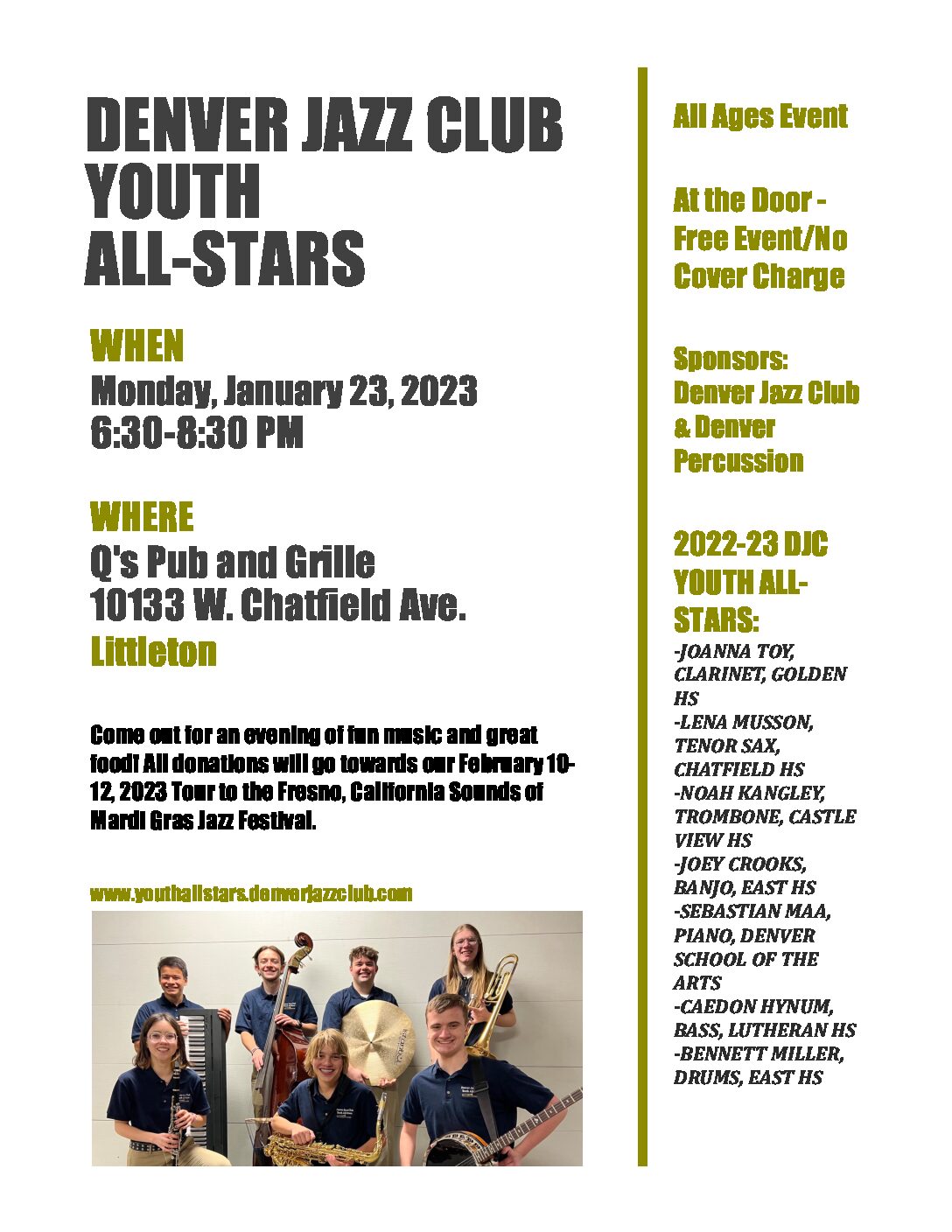 Q’s Pub and Grille to Host an Evening of Jazz with the Denver Jazz Club Youth All-Stars on Monday, January 23rd