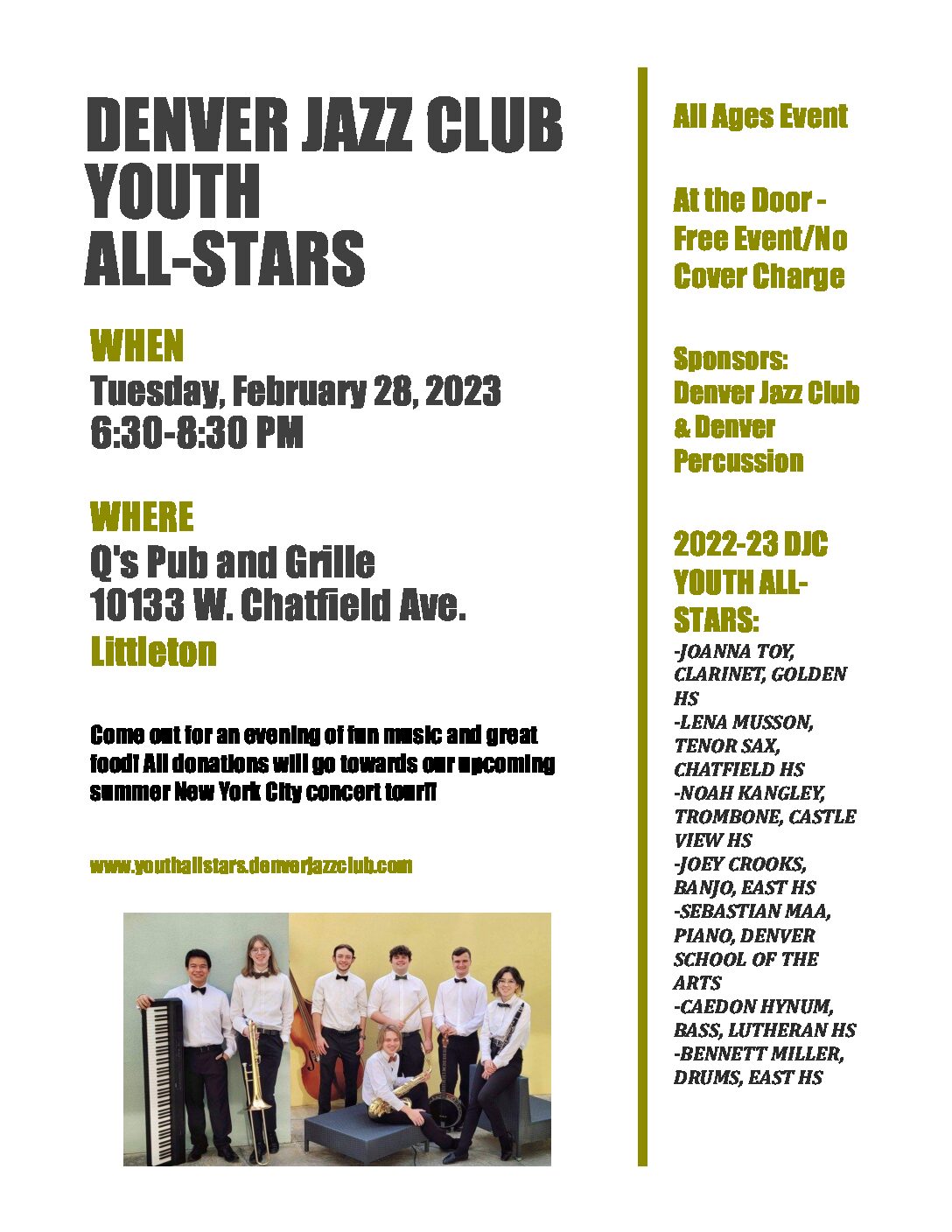 Q’s Pub and Grille to Feature the Denver Jazz Club Youth All-Stars on Tuesday, February 28th (6:30-8:30pm)