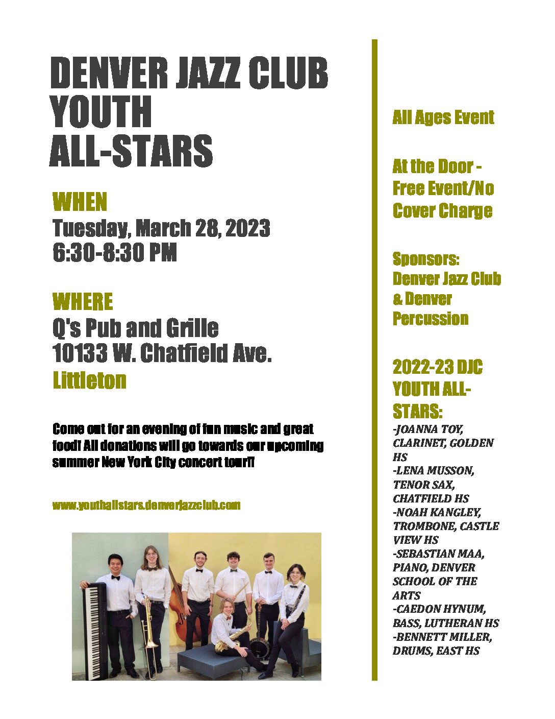 Denver Jazz Club Youth All-Stars to Perform at Q’s Pub and Grille on Tuesday, March 28th (6:30-8:30pm)