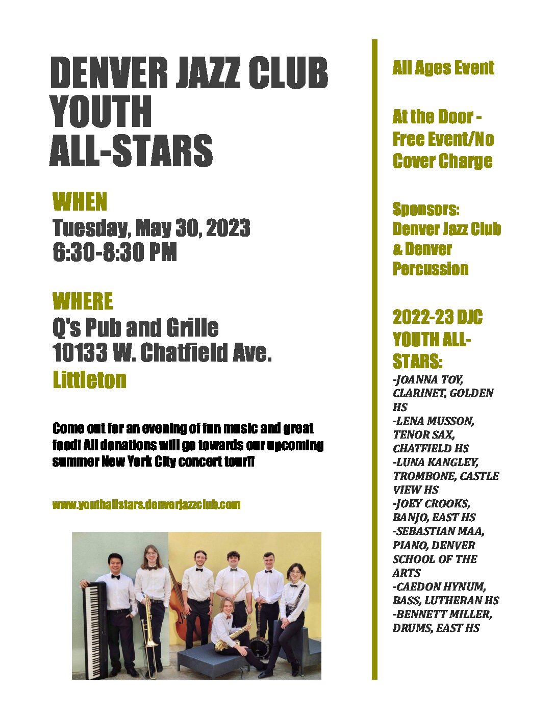 Denver Jazz Club Youth All-Stars to be Featured at Q’s Pub & Grille on Tuesday, May 30th (6:30-8:30pm)