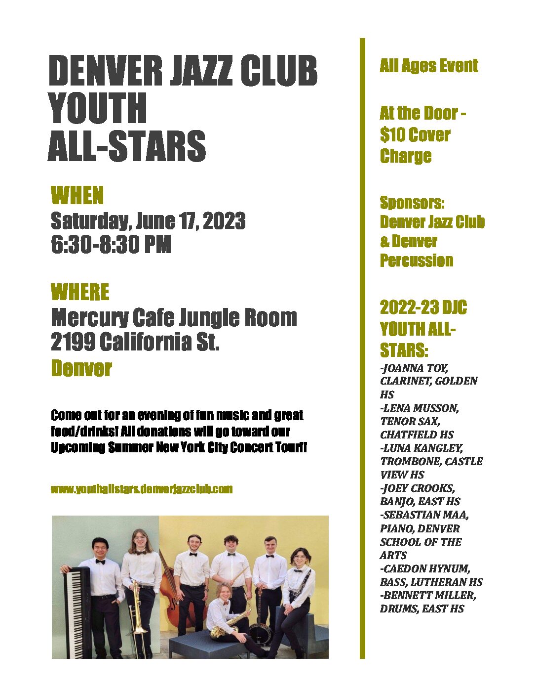 Mercury Cafe to Host the Denver Jazz Club Youth All-Stars on Saturday, June 17th (6:30-8:30pm) & the Downtown Denver 16th St. Mall to Feature the All-Stars on Sunday, June 18th (3-8:30pm)